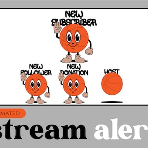 6x retro basket ball animated alerts. alerts for streaming on Twitch overlay, Facebook Gaming overlay, Youtube overlay, kick overlay