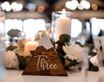 Wooden Mountain Wedding Table Number - Wedding Table Sign, Rustic Wedding Centrepiece, Custom Table Number