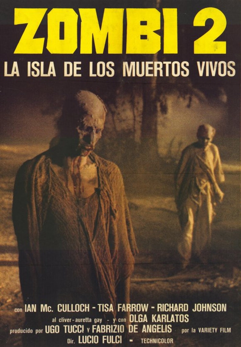 Zombi 2 1979 Spanish Movie Poster 11 X 17 Lucio Fulci Horror Film Tisa Farrow Island Ian Mcculloch Voodoo Richard Johnson Zombie Vs Shark