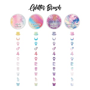 May include: Four glitter brush options with holographic designs. The options are Holo Cloud, Diagonal Candy, Nebula Purple, and Watercolor Spot. Each option has a corresponding symbol below it.