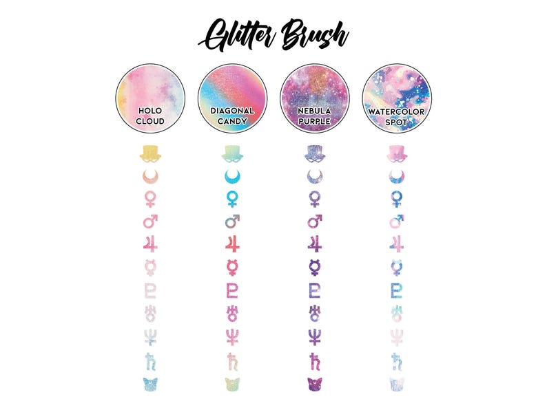May include: Four glitter brush options with holographic designs. The options are Holo Cloud, Diagonal Candy, Nebula Purple, and Watercolor Spot. Each option has a corresponding symbol below it.