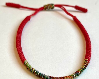 SPIRITUALITY Tibetan Buddhist Handmade Lucky Rope Knots Bracelet-Half Rainbow Glitter and Half Red Bracelet, Meditation, Chakra Gift
