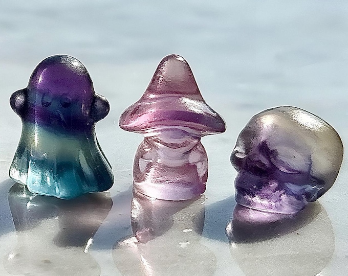 Spooky Candy Fluorite Mini Halloween Carvings - UV Reactive - Small Crystal Figurines - Gifts for Nature Lovers - Crystal Home Decor