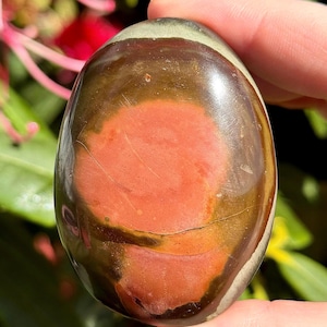 May include: A smooth, polished, red, brown, and green gemstone with a swirling pattern. The stone is oval shaped and has a glossy finish.