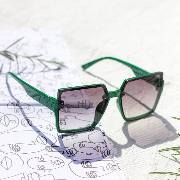 Green Rimless Square Edge Front Lens Sunglasses