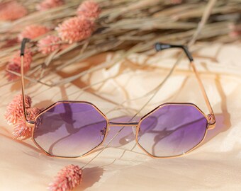 Purple Tint Hexagon Metal Frame Sunglasses