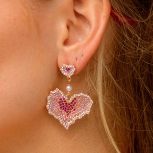 Pink Diamante Heart Dangle Earrings image 1