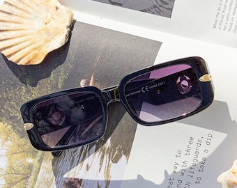 Black Rectangle Sunglasses with Floral Monogram Arm Detail