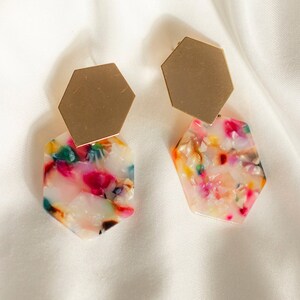 Pink Two Tier Irregular Hexagon Stud Dangle Earrings