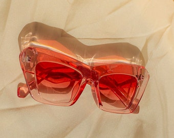 Transparent Pink Chunky Oblong Cat Eye Sunglasses