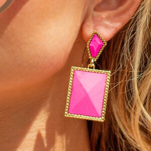 Bright Pink Two Tier Matte Jewel Border Earrings image 1