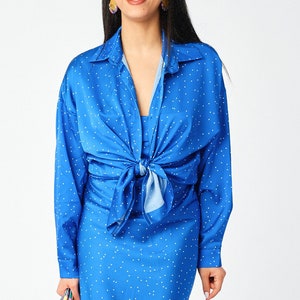 Sugar Style Micro Polka Dot Satin Look Shirt Blue