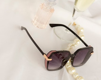 Black Front Lens Glitter Detail Hexagonal Sunglasses