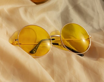 Yellow Oversized Round Circle Wire Frame Sunglasses