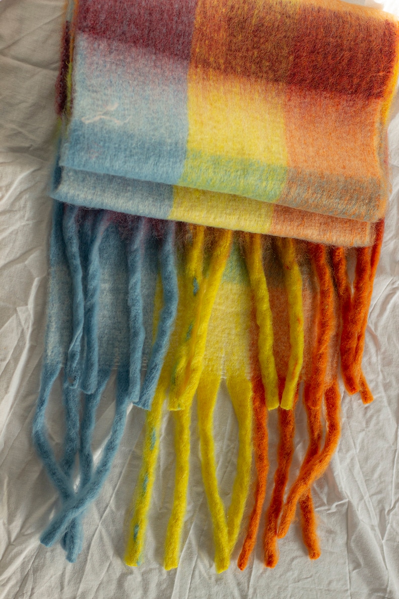 Bright Rainbow Warm Wrap Scarf, £25, Etsy