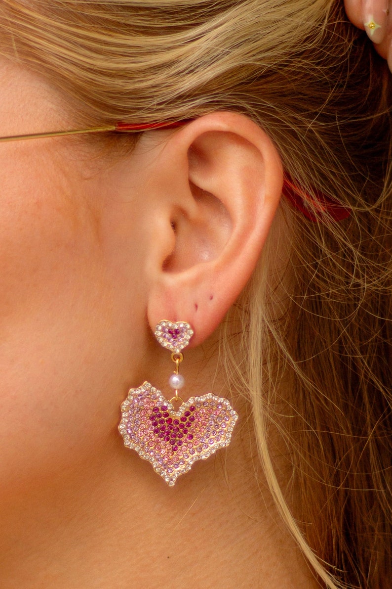 Pink Diamante Heart Dangle Earrings image 1