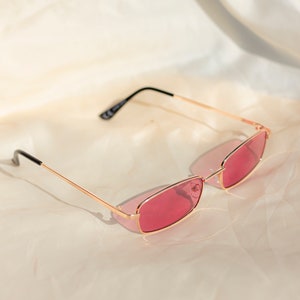 Pink Tint Rectangle Gold Wire Frame Sunglasses