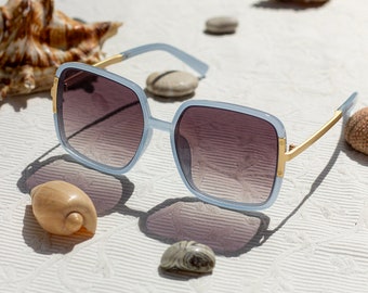 Baby Blue Oversized Rounded Square Screw Detail Sunglasses