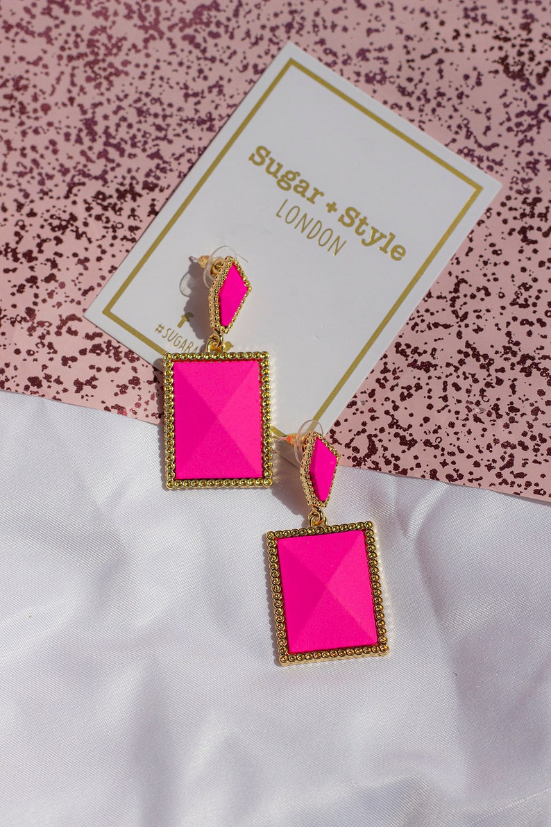 Bright Pink Two Tier Matte Jewel Border Earrings image 6