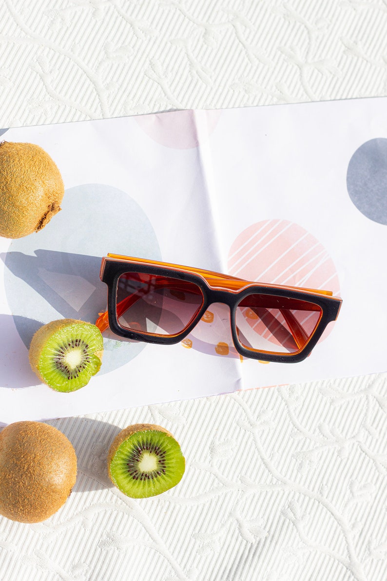 Orange Black Square Narrow Block Sunglasses image 5