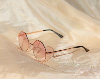 Baby Pink Tint Hexagon Metal Frame Sunglasses