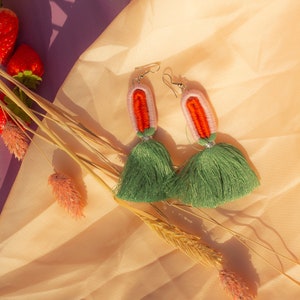 Green Pink and Coral Embroidery String Tassel Rainbow Earrings image 1