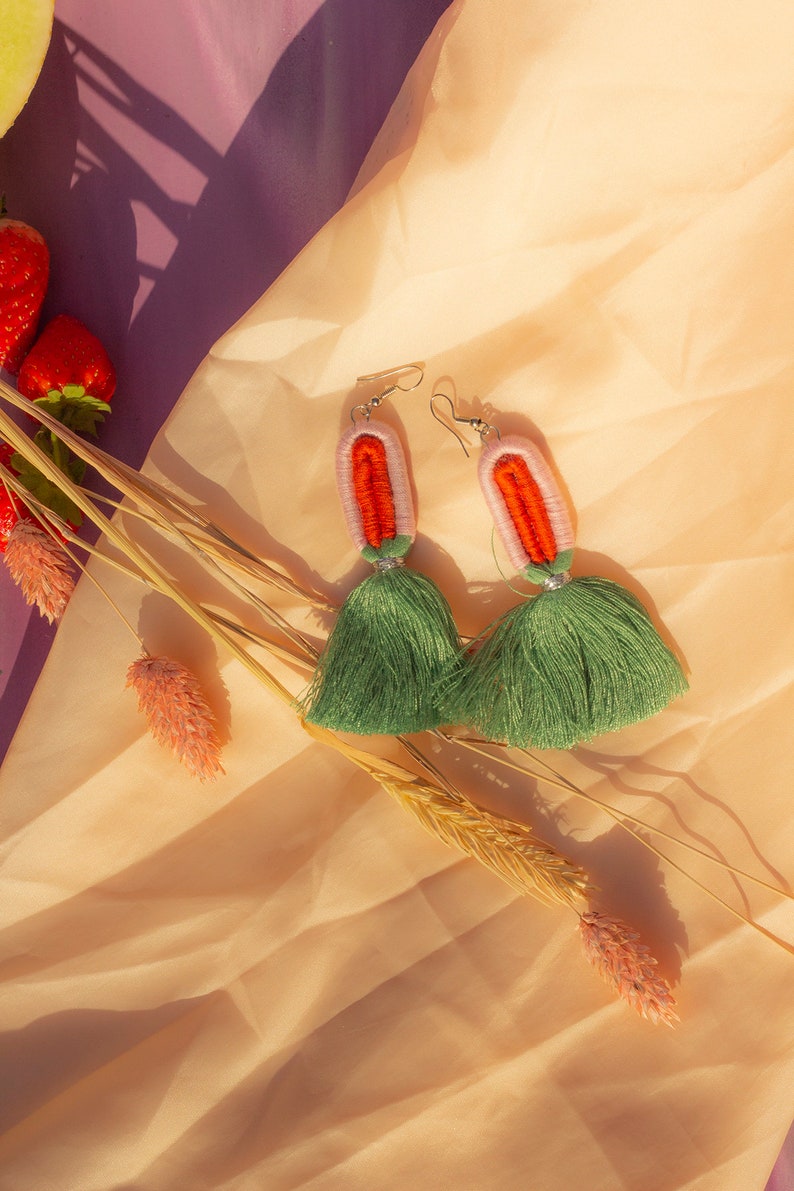 Green Pink and Coral Embroidery String Tassel Rainbow Earrings image 1