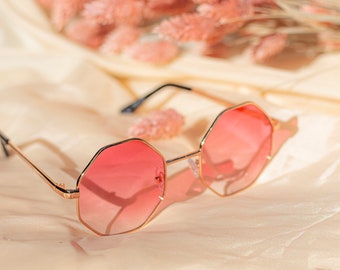 Hot Pink Tint Hexagon Metal Frame Sunglasses