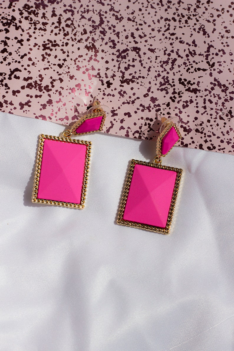 Bright Pink Two Tier Matte Jewel Border Earrings image 5