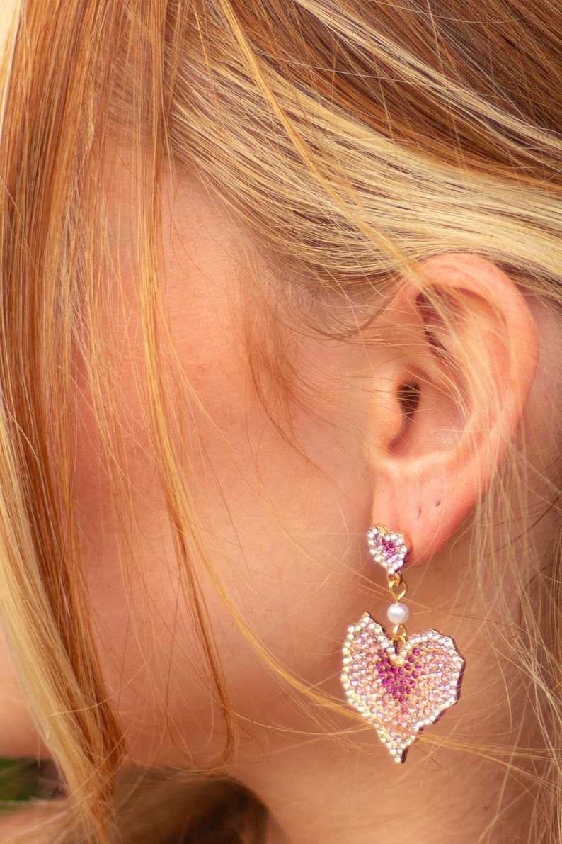 Pink Diamante Heart Dangle Earrings image 2