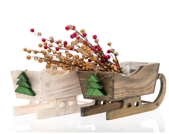Sleigh Wood Planter Box for Christmas l  Xmas Wooden Boxes with attached Plastic Liner (10"x 4.5"x 5")