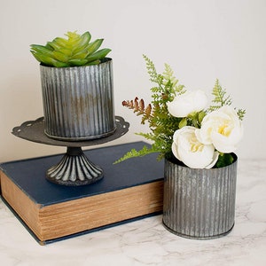 Decorative Tin Vase | Corrugated Metal Pot | Small Planter | (Set of 2) (3.25 x 3.25 Inch)