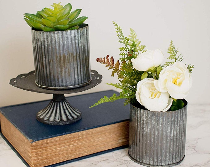 Decorative Tin Vase | Corrugated Metal Pot | Small Planter | (Set of 2) (3.25 x 3.25 Inch)