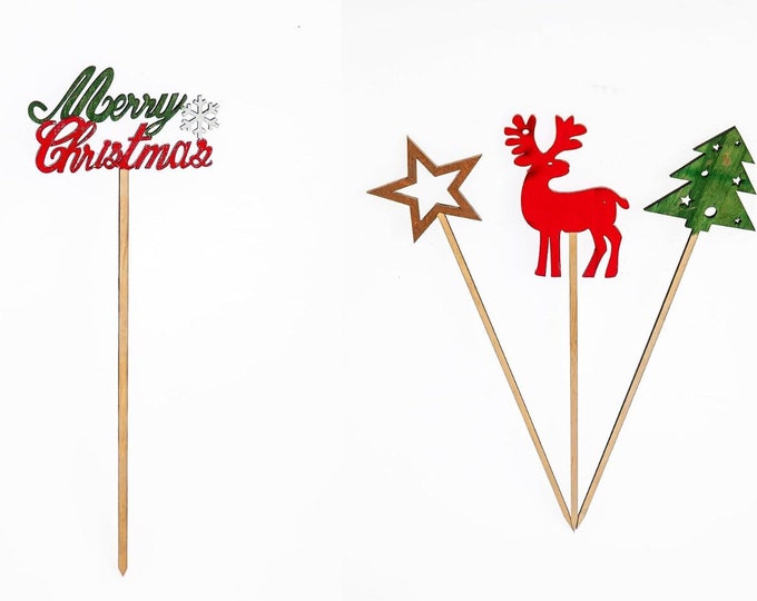 Winter Decoration Centerpiece Sticks l Winter Decoration Wooden Cake Topper | Merry Chirstmas Centerpiece Sticks (come in pack of 3 or 12)