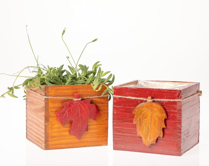 Fall Wood Planter Box l Wooden Boxes with attached Plastic Liner l Wedding Flowers Holder (Set of 2) (5.5"x 5.5"x 5" OR 7"x 7"x 7")