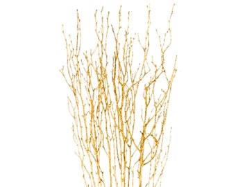 May include: A bundle of slender, golden-colored branches against a white background. The branches are thin and delicate, with a slightly textured appearance. The overall effect is elegant and natural, suitable for decorative purposes.