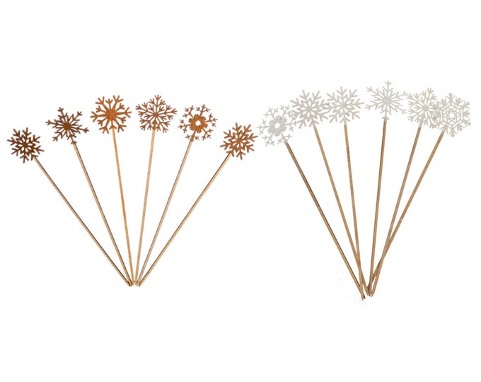 Winter Decoration Centerpiece Sticks | Gold & White Snow Flake Wooden Cake Topper (3"x 15") (PK2023XM1) (pack of 12)