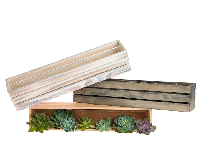 20" x 4" Wood Planter with Plastic Liner l Wine Crate Style, Home and Wedding Decorations, Garden Ornaments (Rectangular)