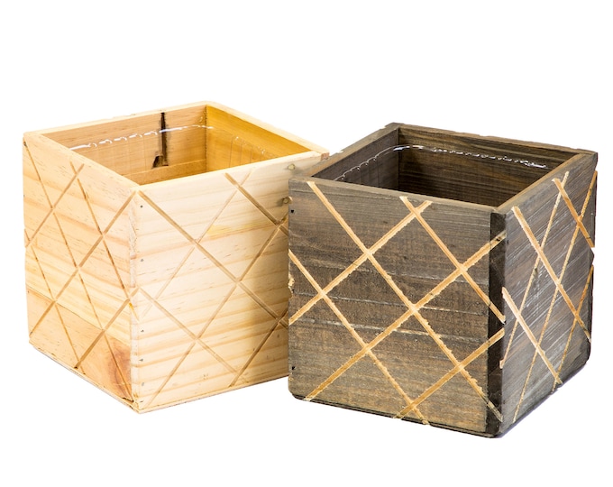 5" Inch Square Wood Planter Box w/ Plastic Liner, Diamond Cross Hatch Style | Garden, Office, Home and Venue Decor