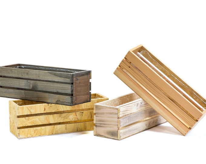 12" x 4" Wood Planter Box w/ Plastic Liner | Wine Crate Styled | Restaurant, Office, Wedding Decorations (Rectangular)