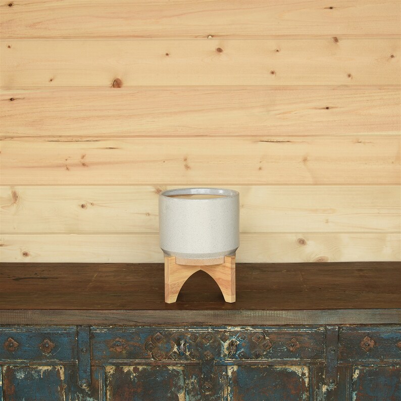 Ames Ceramic Pot With Wood Stand White Ceramic Pot 7x Etsy