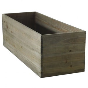 May include: A rectangular wooden planter box with a natural wood finish. The box is empty and ready to be filled with plants.
