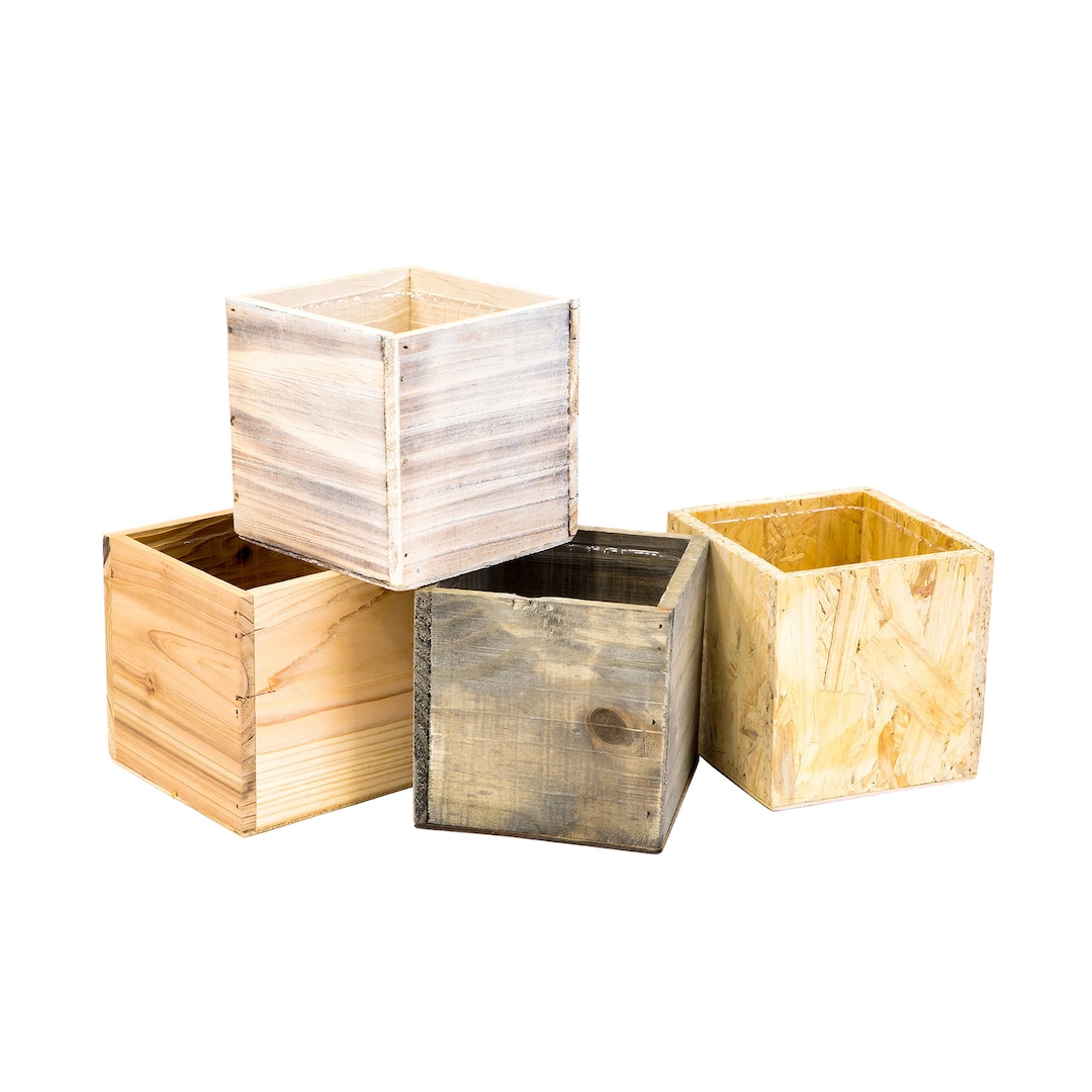 5" Inch Square Wood Planter Box W/ Plastic Liner | Rustic Wood | Garden, Centerpiece Display ...