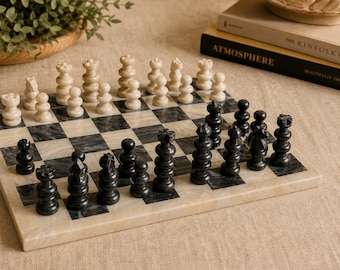 Scacchiera in marmo con scacchiera in pietra pesante, decorazione bianca e nera, set da gioco