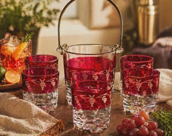 Italian Red Glass Ice Bucket Set, Etched Grape Barware, Mid Century Cocktail Set, Bar Cart Decor, Estate Sale Find