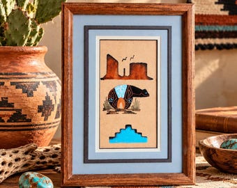 Ethel Brown Signed Southwestern Bear Sand Painting Framed Native Style Wall Art
