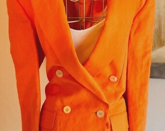 NWT Giorgio Sant'Angelo Orange Linen Blazer Size 6 Double Breasted Statement Jacket Bright Tangerine Tailored Women's Jacket