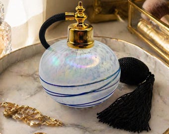 Vintage Iridescent Art Glass Perfume Atomizer Murano Style Vanity Bottle Gold Pump