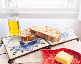 Vintage Delft Holland Tile Trivet Blue White Dutch Kitchen Decor Rustic Serving Piece Cottage Style