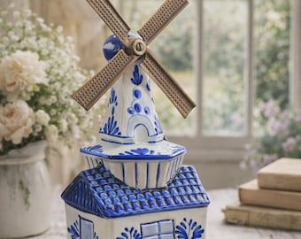 Vintage Delft Blue Windmühlen-Spieluhr-Handbemalter holländischer Holland-Dekor, das Cottagecore Geschenk arbeitet